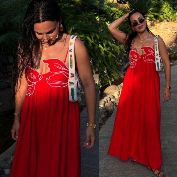 Farm Rio Koi Red Fish Top Linen Maxi Dress Size XL NWT - Picture 14 of 16